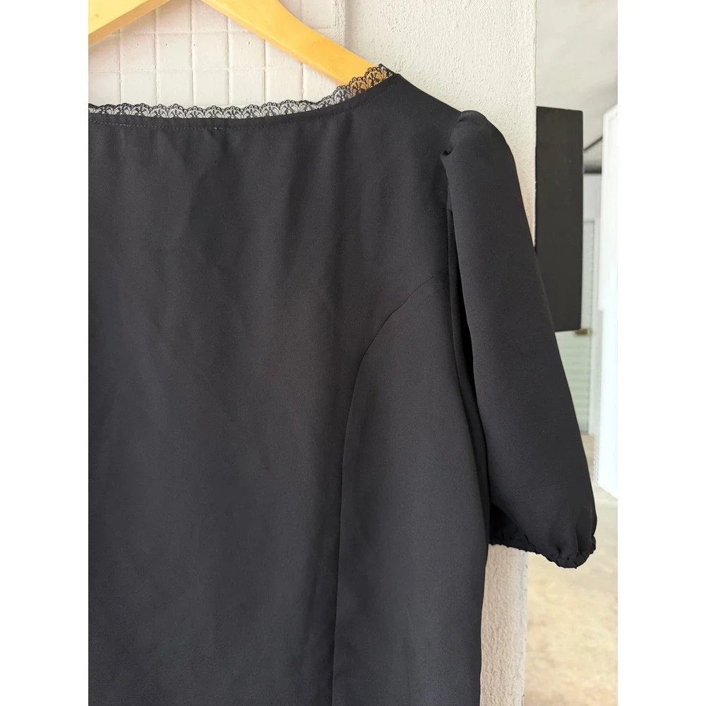LOFT Black Lace-Trim Puff Sleeve Button Front Top